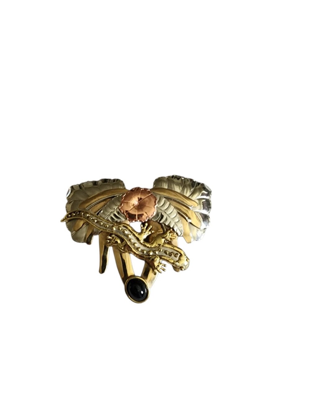 Vintage Mid Century Modern Mixed Metal Copper Brass & Onyx Salamander Brooch